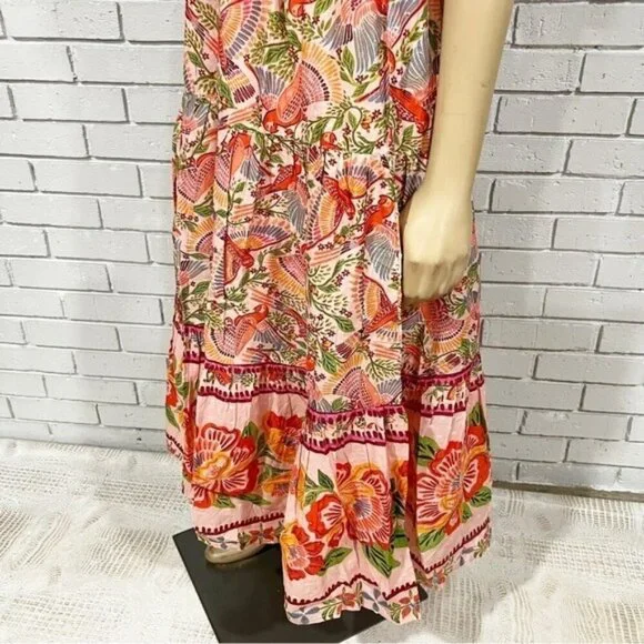 Farm Rio Women's Pink Macaw Flight Smocked Top Maxi Dress - Size Medium